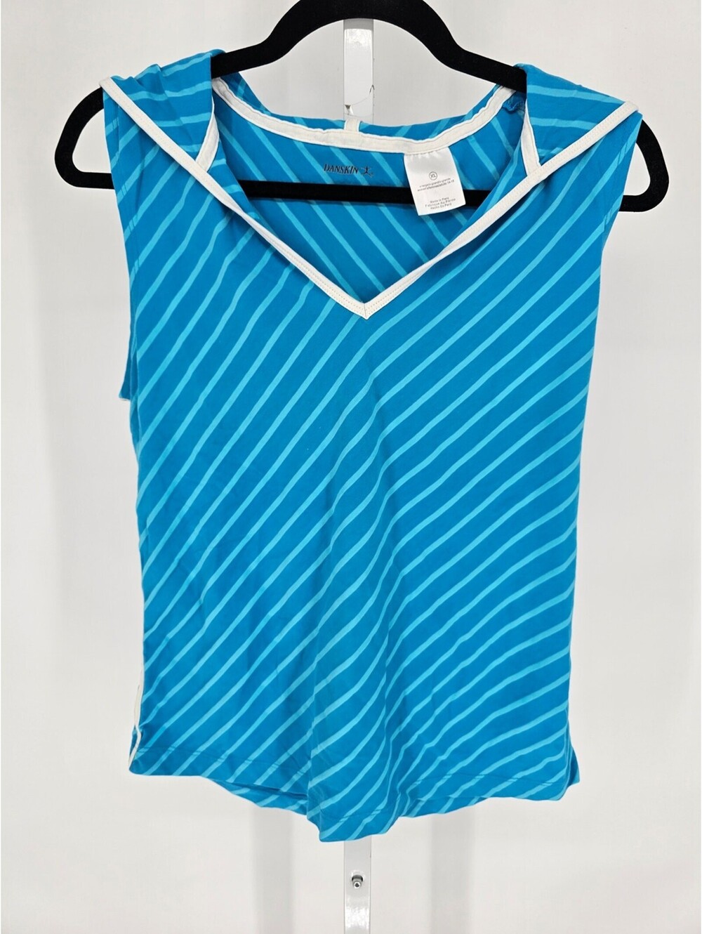 Danskin Womens Sz XL Hooded Athletic Tank Top Blue White Striped